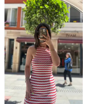 ZR Kırmızı Çizgili Triko Elbise