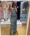 Desenli İp Askılı Uzun Elbise