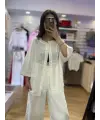 Ekru keten gömlekli kesik paça takım