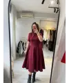 Midi boy tok kumaş volanlı bordo elbise