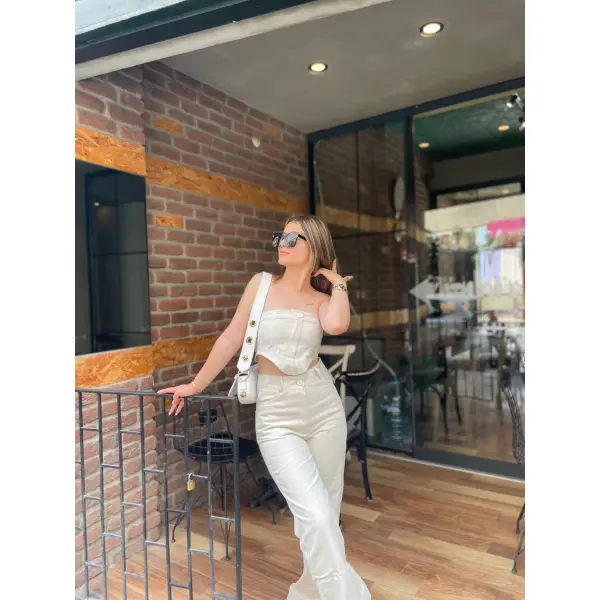 Düğmeli Crop&Pantolon Takım