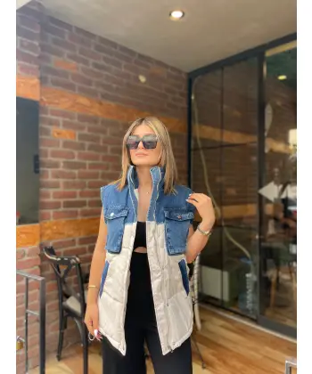 Denim Detaylı Tasarım Şişme Yelek