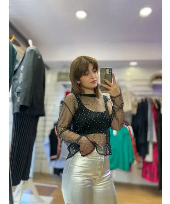 Tasarım taşlı tül bluz