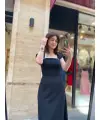 Tasarım kol detaylı siyah midi elbise