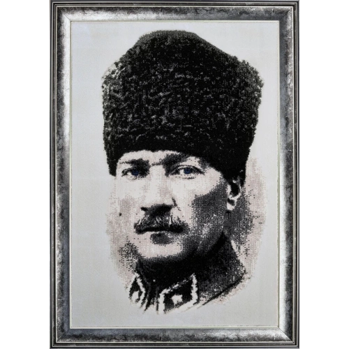 Gümüşsuyu Çerçeveli Atatürk Portresi Duvar Halısı-Gri