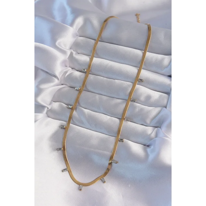 316L Çelik Gold Renk Baget Taşlı İtalyan Zincir Kolye