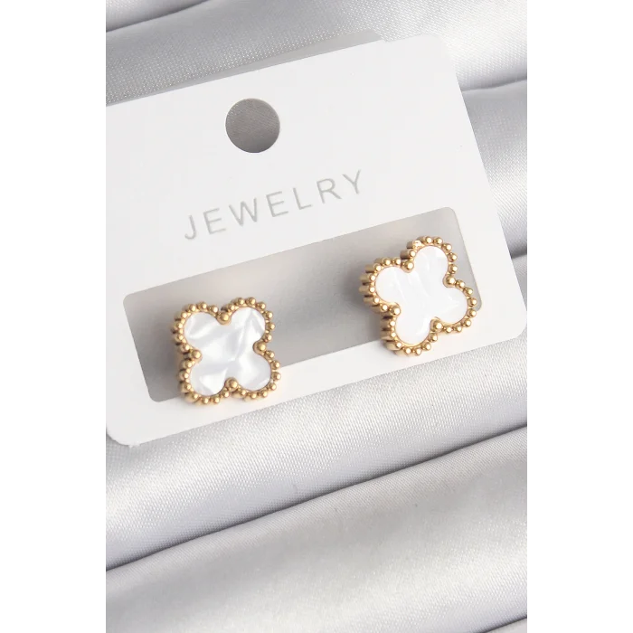 316L Çelik Gold Renk Beyaz Minelik Yonca Model Kadın Küpe