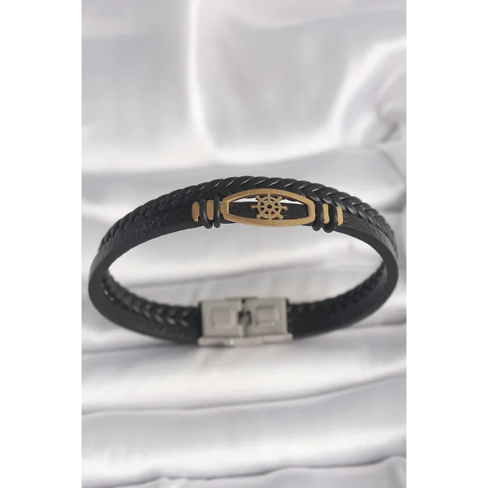 316L Çelik Gold Renk Gemi Dümen Figür Siyah Renk Çift Sıra Burgu Desenli Deri Kordon Erkek Bileklik