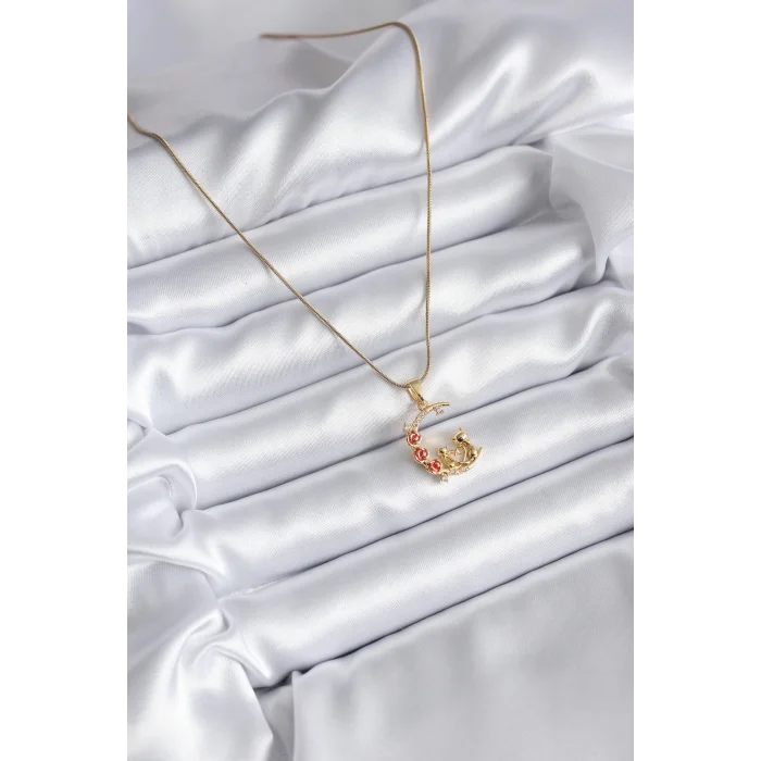 316L Çelik Gold Renk Hilal Kedi Model Zirkon Taşlı Detay Kadın Kolye