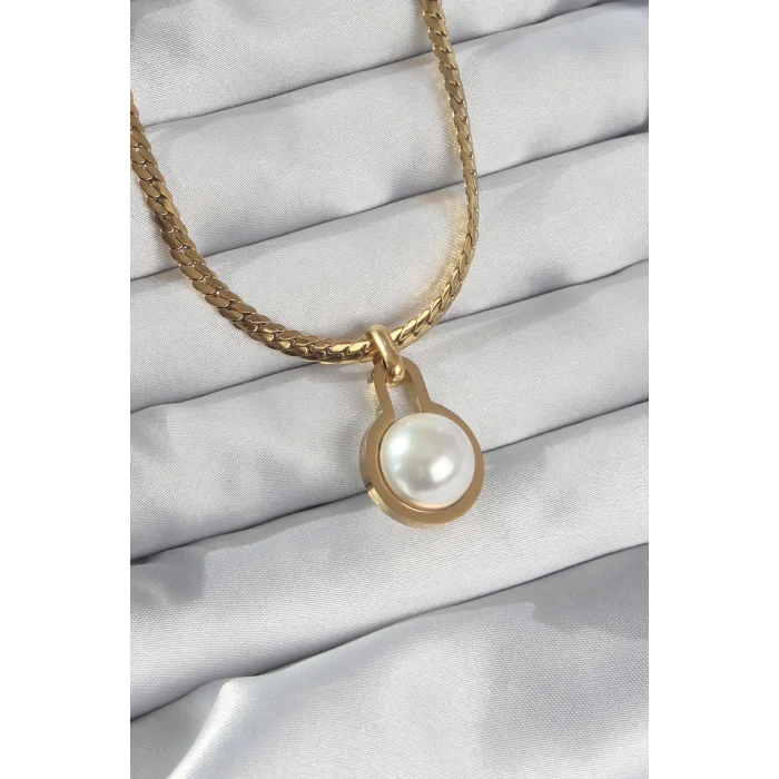 316L Çelik Gold Renk Yassı Zincir İnci Taşlı Kolye