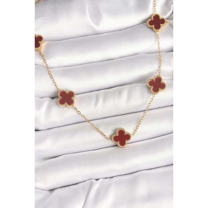 316L Çelik Gold Renk Zincir Bordo Yonca Model Kadın Kolye