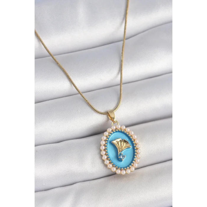 316L Çelik Gold Renk Zincir Mavi Mineli İncili Zirkon Taşlı Çiçek İşlemeli Portre Model Kadın Kolye