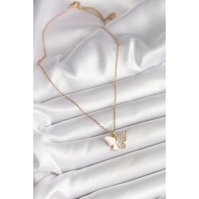 316L Çelik Gold Renk Zincir Zirkon Taşlı Beyaz Mineli Kelebek Model Kadın Kolye