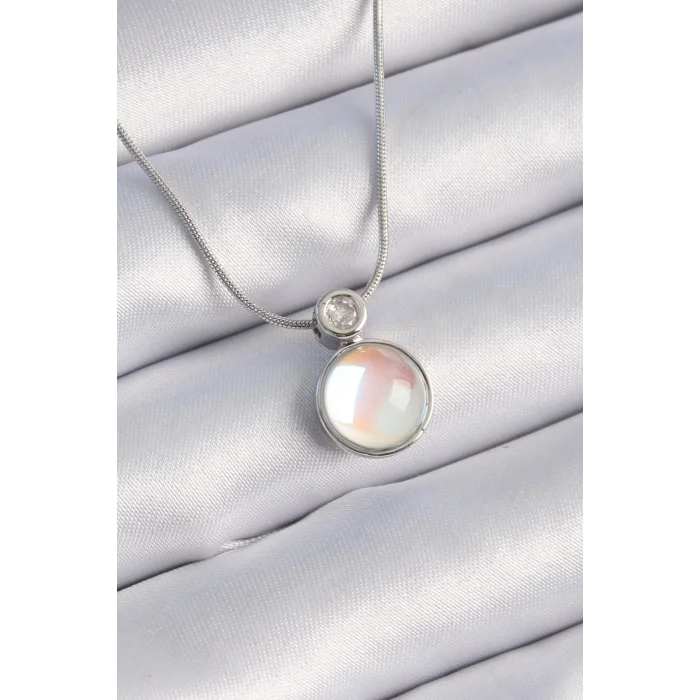 316L Çelik Gümüş Renk Beyaz Sedefli Vintage Model Kadın Kolye