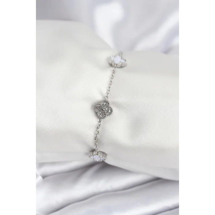 316L Çelik Gümüş Renk Beyaz ve Zirkon Taşlı Baby Boy Yonca Kadın Bileklik