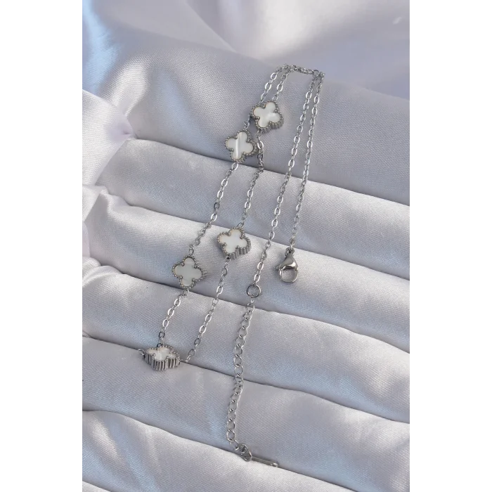 316L Çelik Gümüş Renk Minimal Beyaz Sedefli Yonca Kolye