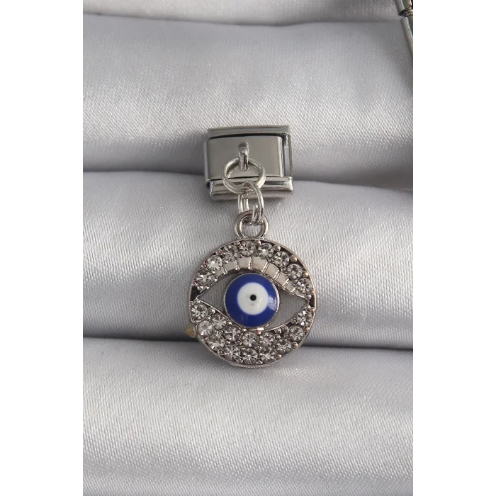 316L Çelik Gümüş Renk Sallantı Zirkon Taşlı Göz Model Nazar Boncuk Detay Nomination Charm