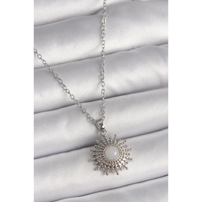 316L Çelik Gümüş Renk Zincir Beyaz Mineli Güneş Model Kadın Kolye