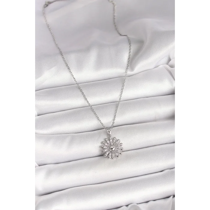 316L Çelik Gümüş Renk Zincir Zirkon Taşlı Güneş Model Kadın Kolye