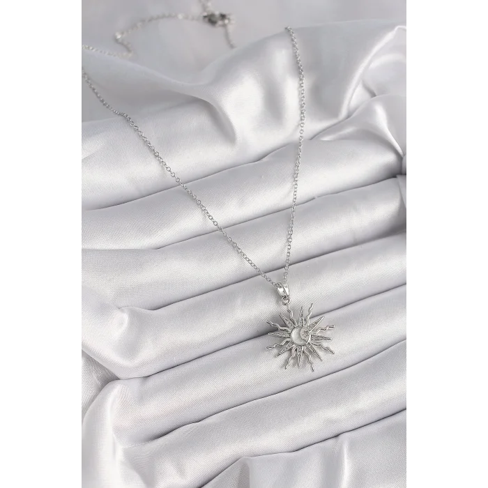 316L Çelik Gümüş Renk Zincir Zirkon Taşlı Güneş Model Sedefli Ay İşleme Detay Kadın Kolye