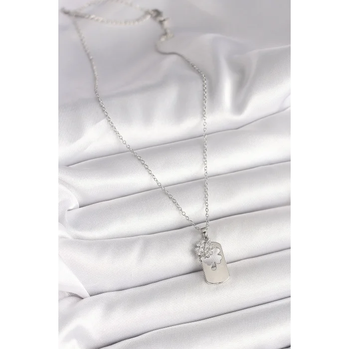 316L Çelik Gümüş Renk Zincir Zirkon Taşlı Yonca Model Kadın Kolye