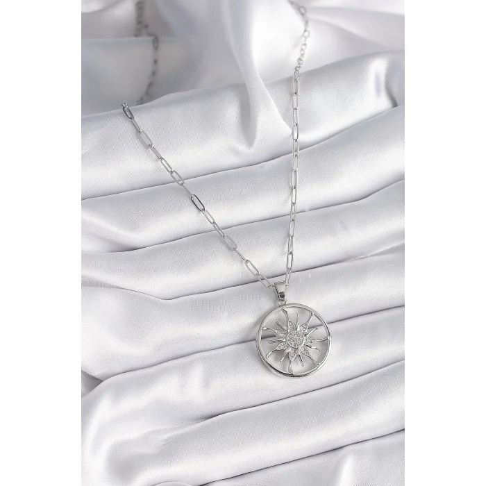 316L Çelik Gümüş Renk Zirkon Taşlı Güneş Madalyon Model Kadın Kolye