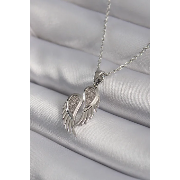 316L Çelik Gümüş Renk Zirkon Taşlı Kanat Model Kadın Kolye