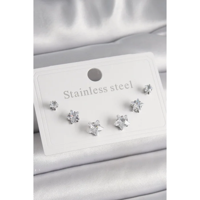 316L Çelik Gümüş Renk Zirkon Taşlı Yıldız Model Kadın Küpe Seti