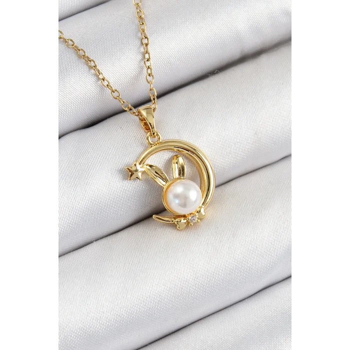 316L Çelik İnci Detaylı Hilal Tavşan Model Gold Renk Kadın Kolye