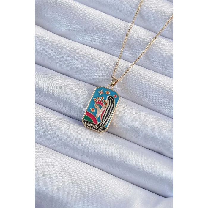 316L Çelik Zincir Altın Renk Taç ve Kız Figürlü Renkli Mineli Tarot Kolye