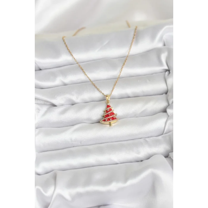 316L Çelik Zincir Gold Renk Kırmızı Çam Ağacı Model Yılbaşı Temalı Kadın Kolye