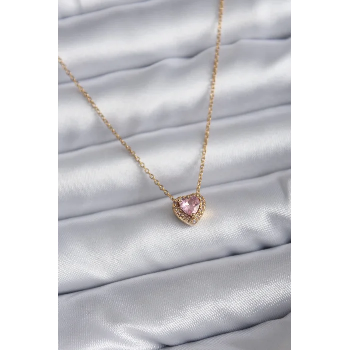 316L Çelik Zincir Gold Renk Pembe Zirkon Taşlı Charm Kadın Kolye