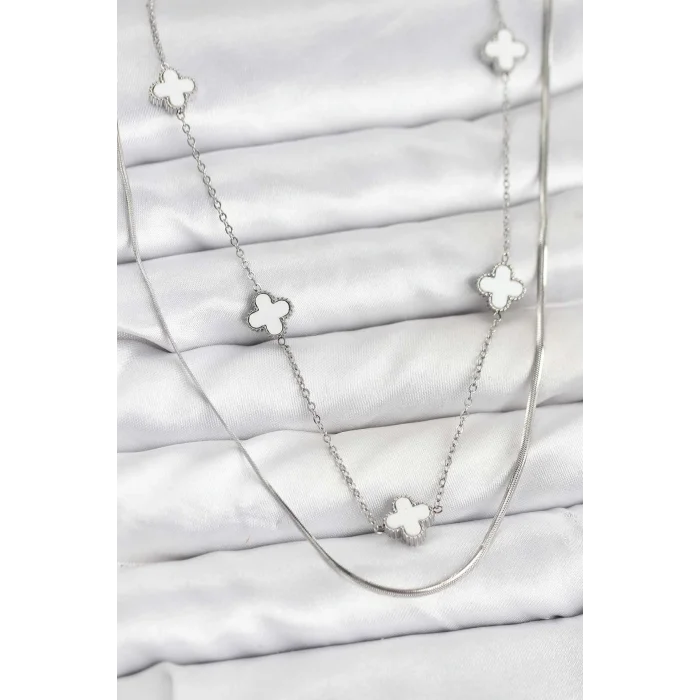 316L Çelik Zincir Gümüş Renk İtalyan Zincirli Yonca Model Kadın Kolye