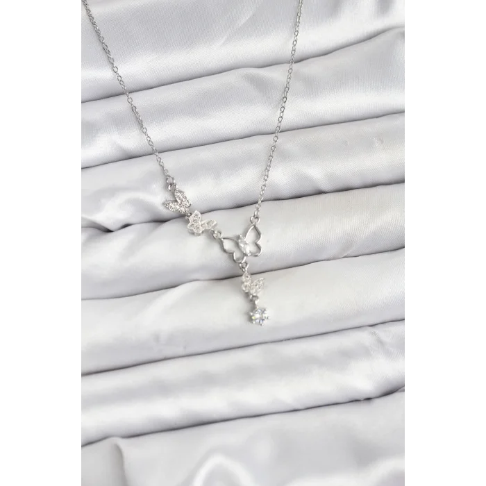 316L Çelik Zincir Gümüş Renk Kelebek Model Kadın Kolye