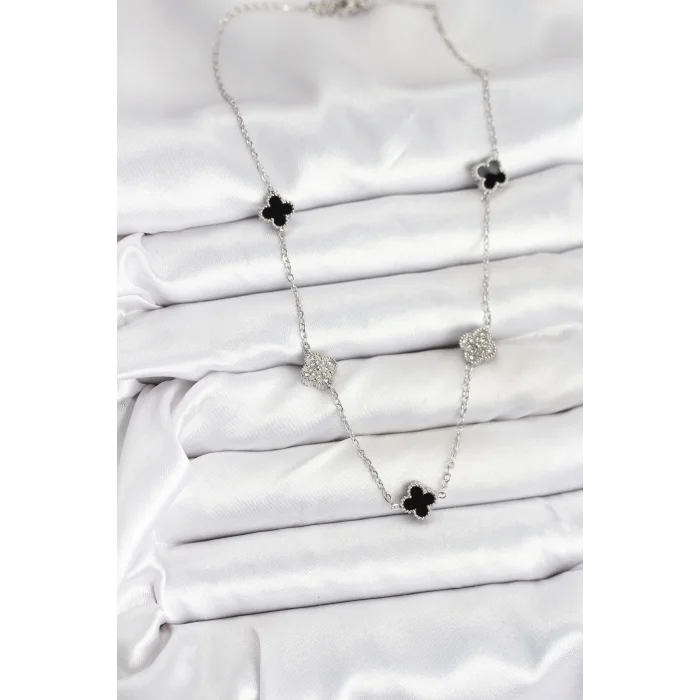 316L Çelik Zincir Gümüş Renk Siyah ve Zirkon Taşlı Baby Boy Yonca Kadın Kolye