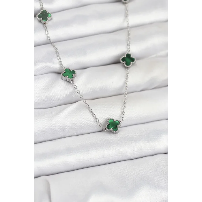 316L Çelik Zincir Gümüş Renk Yeşil Baby Boy Yonca Kadın Kolye