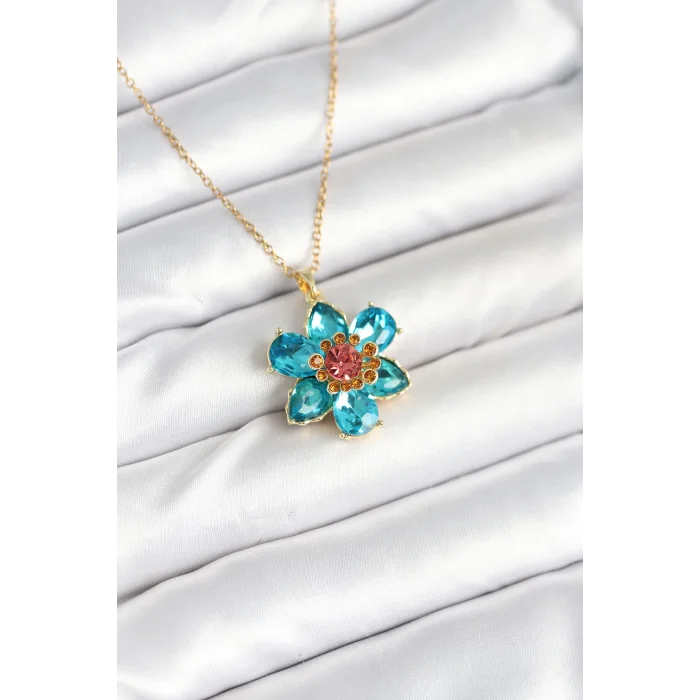 316L Çelik Zincirli Mavi Çiçek Model Kadın Kolye