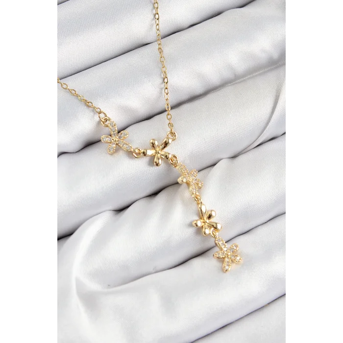 316L Çelik Zirkon Taşlı Çiçek Model Gold Renk Kadın Kolye
