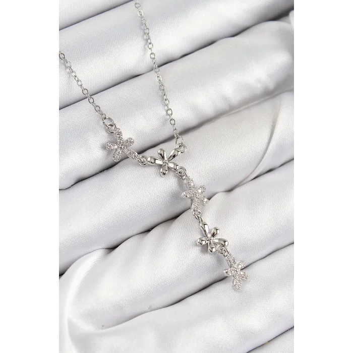 316L Çelik Zirkon Taşlı Çiçek Model Gümüş Renk Kadın Kolye