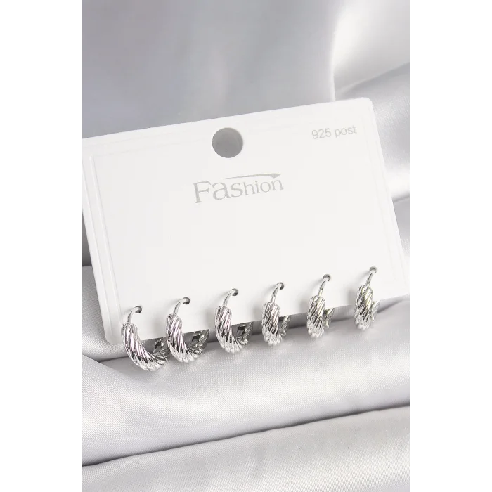 925 Ayar Gümüş Çivi Pirinç Gümüş Renk İşlemeli Halka Model Kadın Küpe Seti