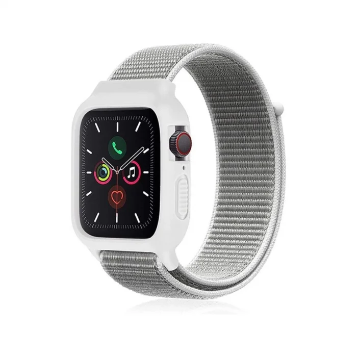 Apple Watch 38mm Hasırlı Cırtcırtlı Kasalı Kordon - Beyaz