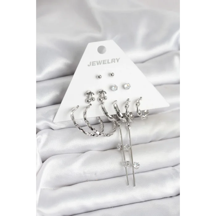 Gümüş Renk Pirinç 6lı Kadın Küpe Seti