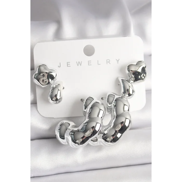 Gümüş Renk Yonca Damla Halka Model CCB Plastik Kadın Küpe Seti