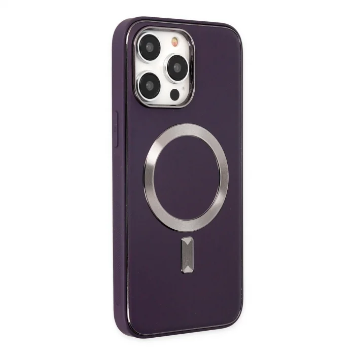 İphone 14 Pro Max Kılıf Coco Deri Magneticsafe Silikon - Derin Mor