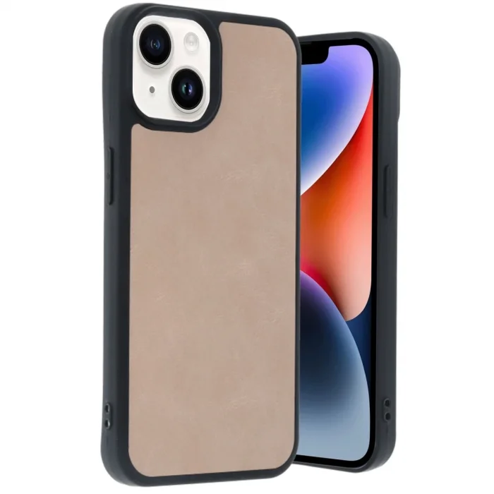 İphone 15 Kılıf Aras Deri Kapak - Pudra