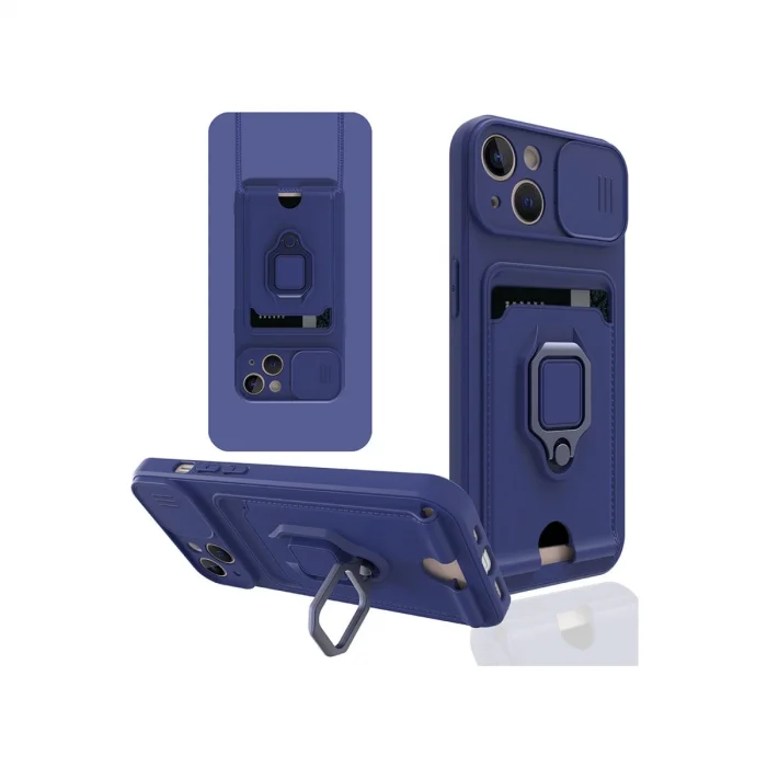 İphone 15 Kılıf Zuma Kartvizitli Yüzüklü Silikon - Lacivert