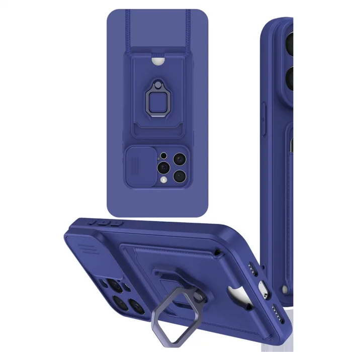 İphone 15 Pro Kılıf Zuma Kartvizitli Yüzüklü Silikon - Lacivert