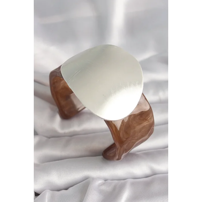 Kahverengi Mermer Desen Akrilik Plastik Gümüş Plaka Model Vintage Kadın Bilezik
