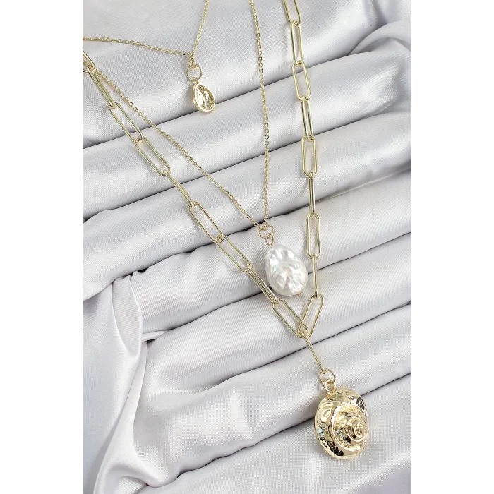 Pirinç Çoklu Zincirli İncili Deniz Kabuğu Model Gold Renk Kadın Kolye