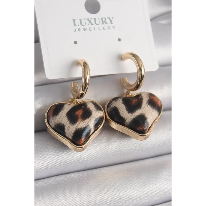 Pirinç Gold Renk 3D Kalp Leopar Model Kadın Küpe